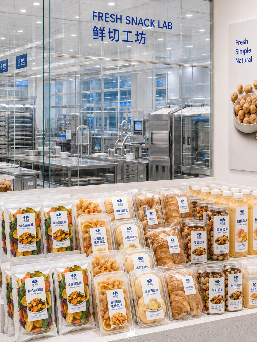 玻璃隔断后的生鲜后加工区，不锈钢设备与食品级装修